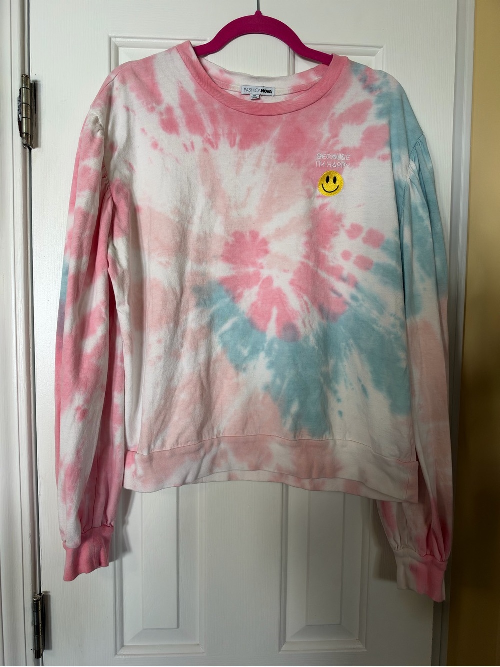 Fashion Nova Pink & Blue Tie-Dye Smiley Pullover